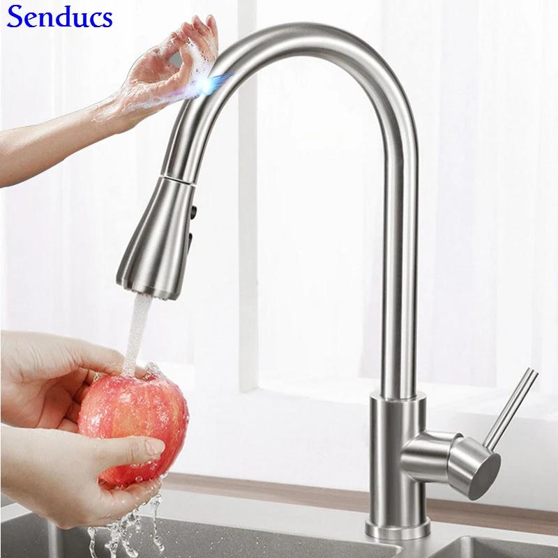 Touch Kitchen Faucet Senducs Pull Down Brushed Sensor Kitchen Mixer Tap Quality 304 Stainless Steel Touch Kitchen Sink Faucets - Color: 1270-B-brushed-touch