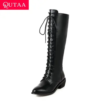 

QUTAA 2021 Knee High Women Boots Autumn Winter Square Heel Pointed Toe Women Shoes PU Leather Lace Up Zipper Long Boot Size34-43