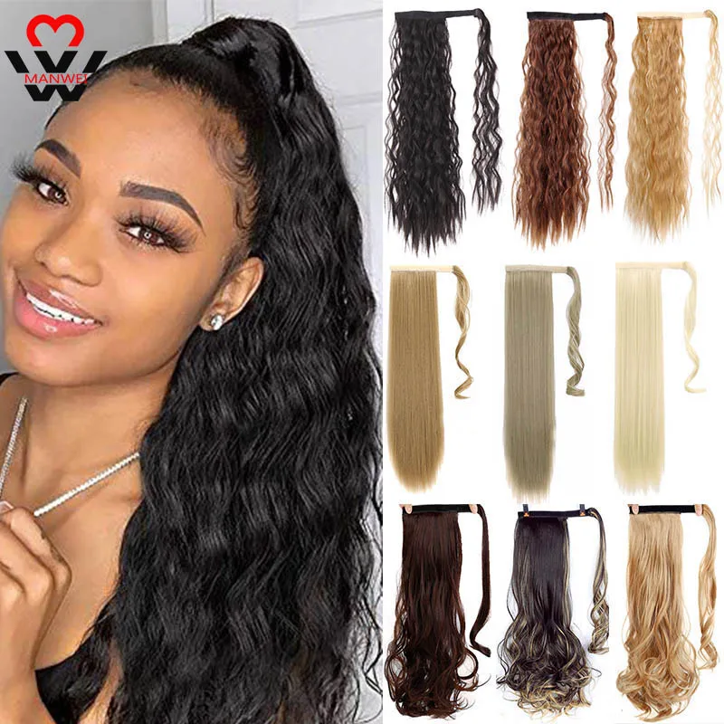 

MANWEI Long Wavy Wrap Around Clip In Ponytail Hair Extension Heat Resistant Synthetic Natural Wave Pony Tail Fake Hair