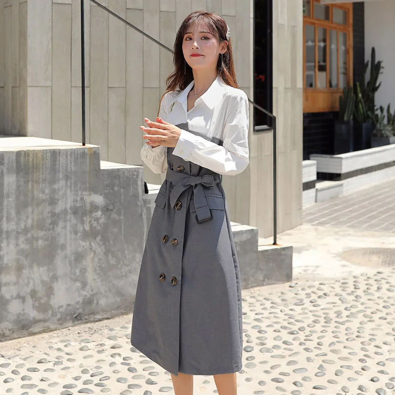 

Early Autumn Shirt Dress Women's 2019 Autumn New Style Mock Two-Piece Joint Contrast Color Business Long Sleeve Waist Hugging Sk