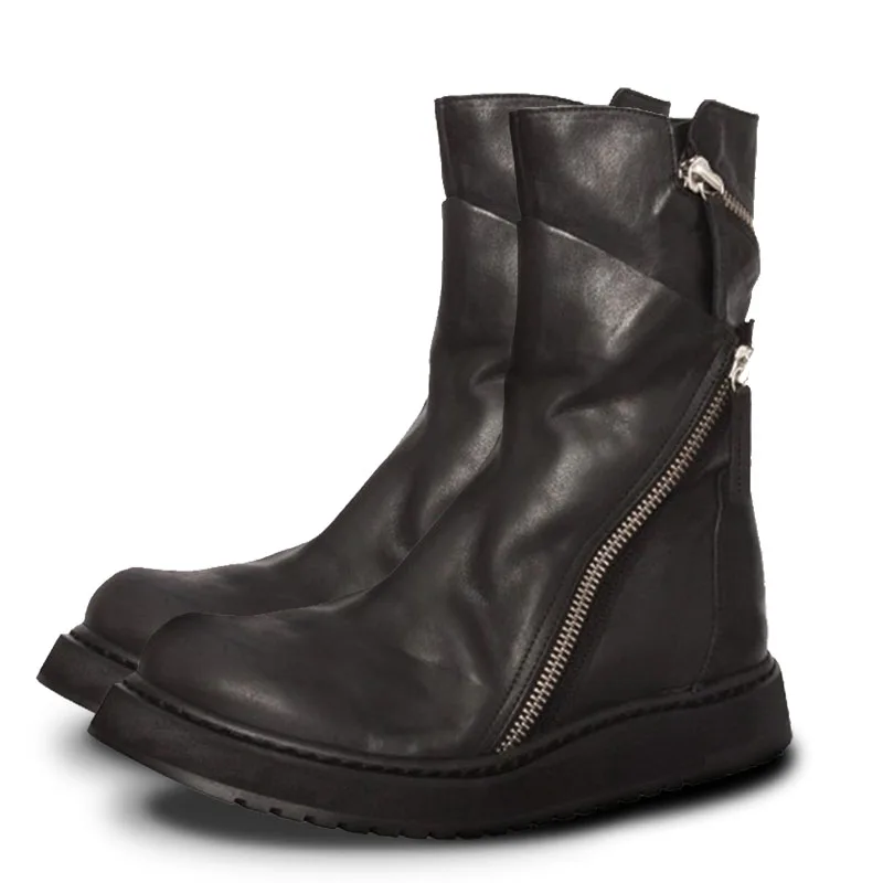Black Genuine Leather Punk Mens Boots Fashion Zipper Design Motorcycle Riding Shoes Male Antiskid Platform Rock Military Boots