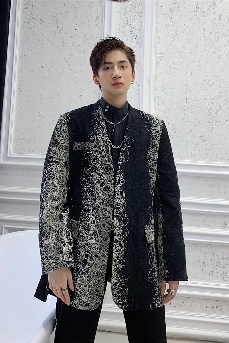 Men Vintage Fashion Wool No Button Belt Casual Suit Coat Male Blazer Jacket Spring Autumn Clothing