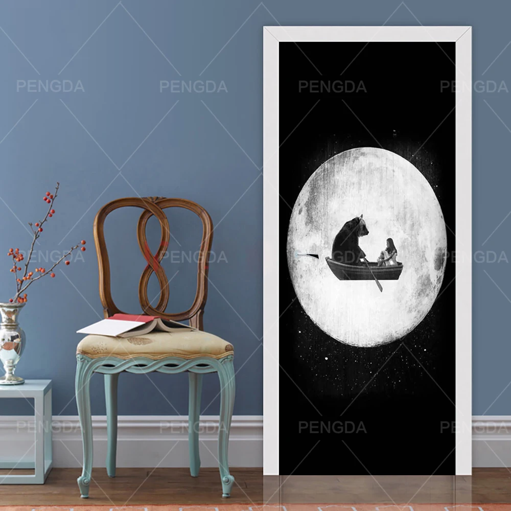 3D наклейки на дверь ПВХ клей Луна пейзаж обои печать современные картины Домашний Декор водоотталкивающие обои наклейка для гостиной