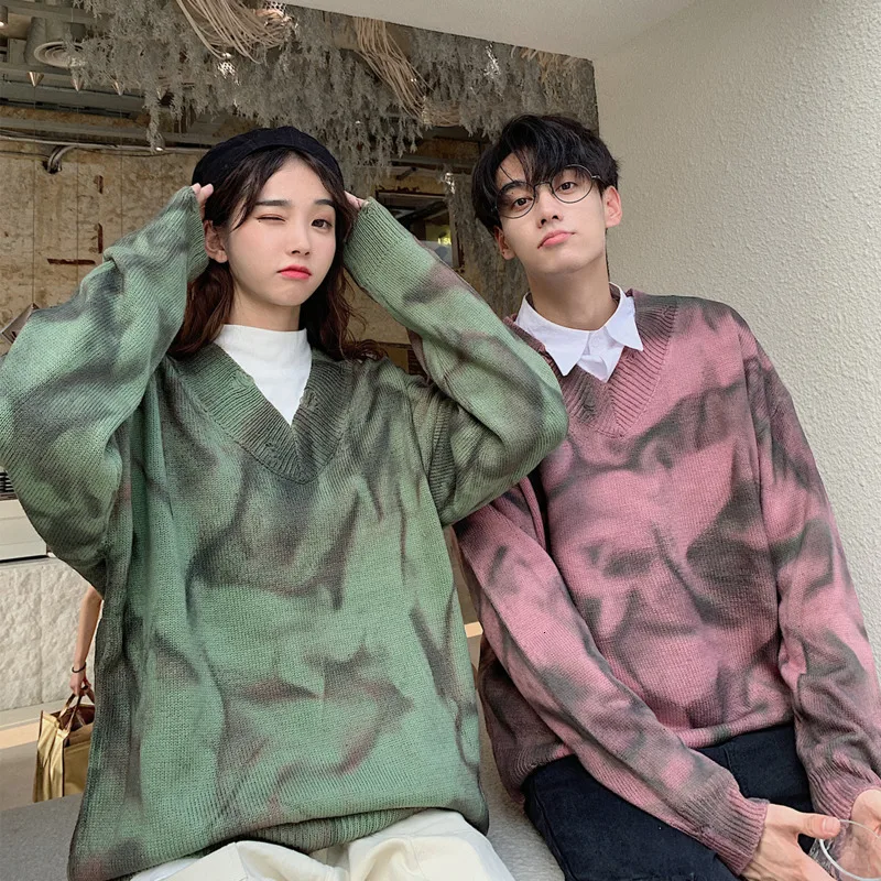 Autumn New Hole Sweater Men Fashion Printing Casual Sweaters V-neck Knit Sweter Man Loose Long-sleeved Pullover Men Clothes