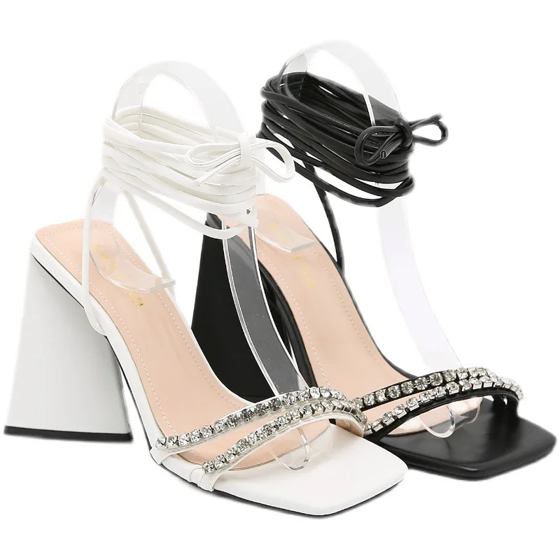 2022 New Square Toe Rhinestone One Word Strap Women's Sandals Fashion Sexy Women's High Heels Cross Straps Roman Lace-up Sandals