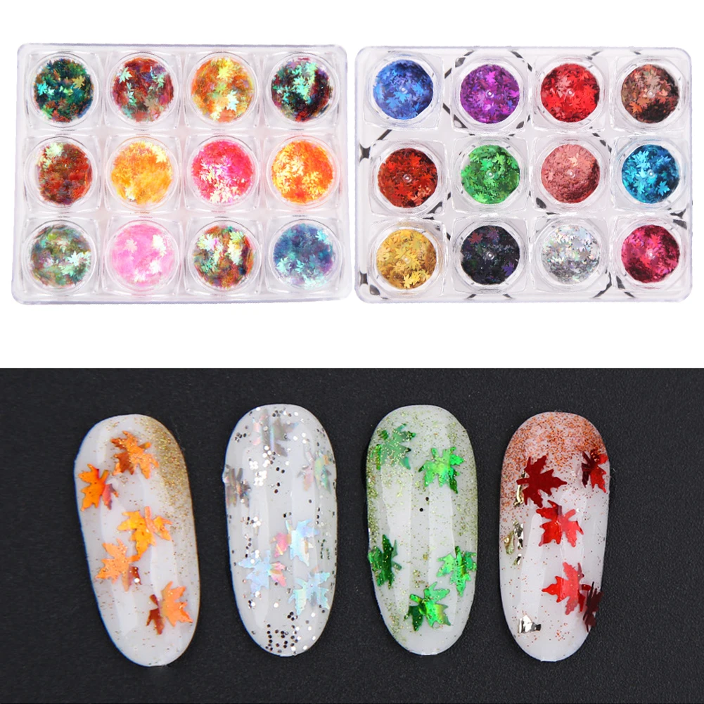 12pcs Maple Leaf Shiny Charm Fashion Mini Thin Sticker Nail Glitter Salon Art DIY Decorations Manicure Sequins Makeup Styling
