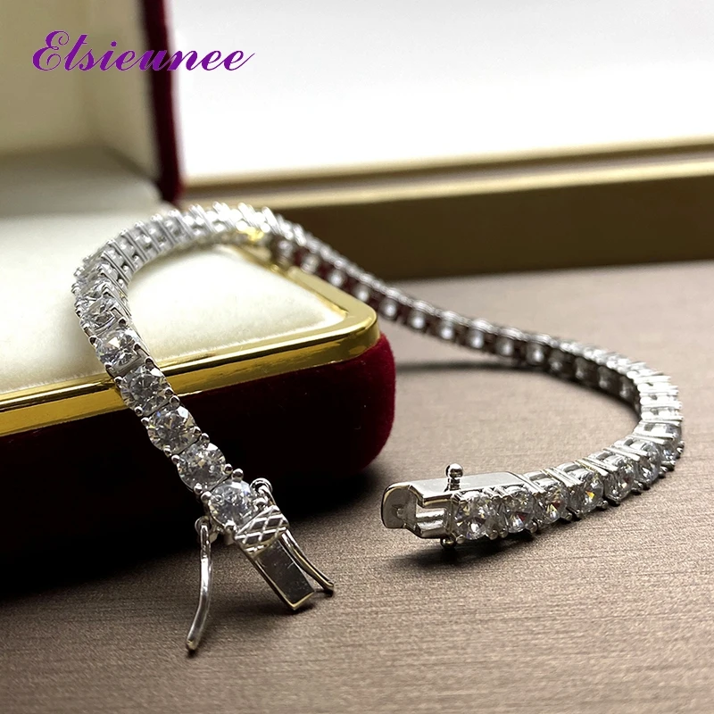 

ELSIEUNEE 100% 925 Sterling Silver 4MM Round Simulated Moissanite Diamonds Engagement Charm Bracelets for Women Men Wholesale