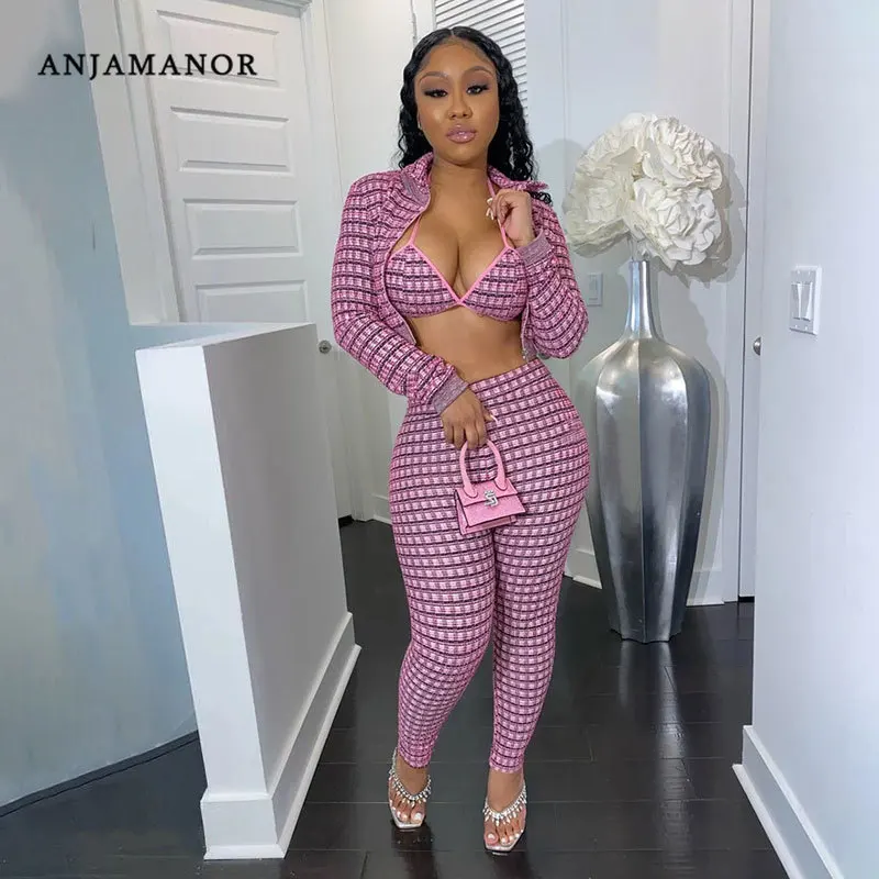 ANJAMANOR Spring 2020 Plaid Pink Sexy 3 Piece Set Plus Size Clothing Club Outfits Jacket Crop Top Pants Matching Sets D25-EB42 |