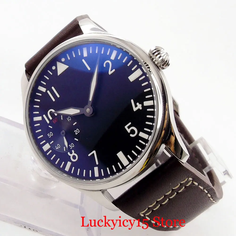 

44mm PARNIS Mechanical Hand Winding 6498 Movement Sterile Dial Leather Strap