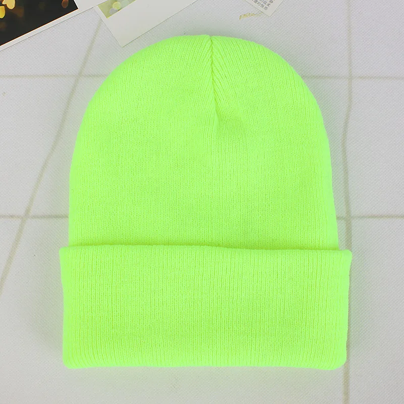 Твердые Цвет осень-зима унисекс шапка шерсть мягкий теплый вязаный свитер Кепки Для мужчин Для женщин Череп Кепки Шапки шапки-бини - Цвет: Fluorescent green