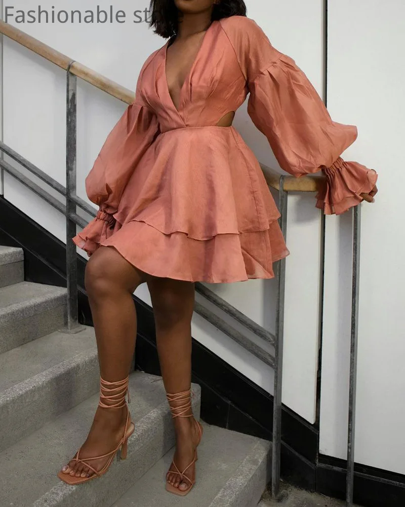 

Женское сексуальное однотонное платье-трапеция с глубоким V-образным вырезом и рукавами-фонариками