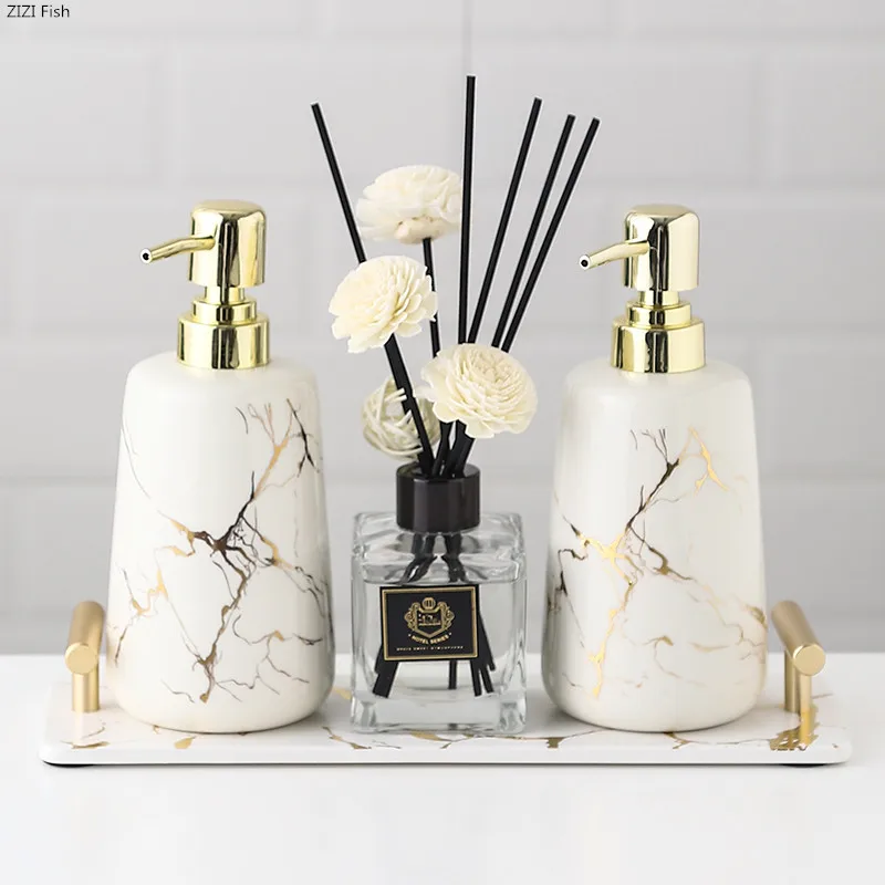 Nordic Golden Marble Toothbrush Holder Bathroom Decoration Accessories Ceramic Soap Dispenser
