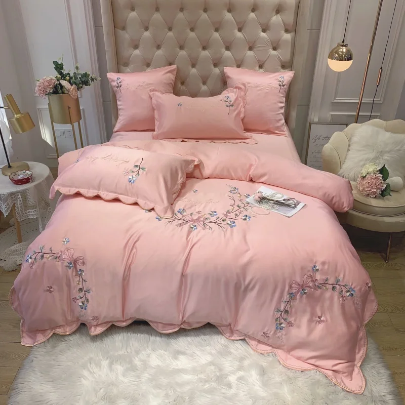 Шикарный цветок вышивка Атлас как шелк пододеяльник набор роскошный белый розовый постельное белье хлопок простыня/простыня подушка shams
