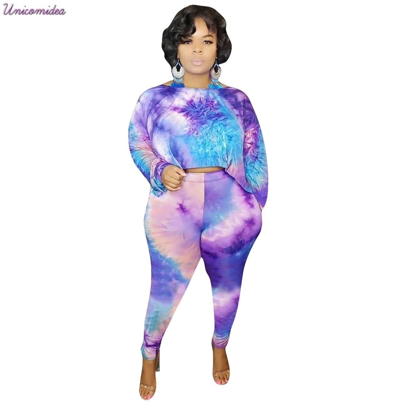 Women Casual Two Piece Set Top And Pants Tracksuit Plus Size Tie Dye Print Crop Summer 2 Outfits | Женская одежда