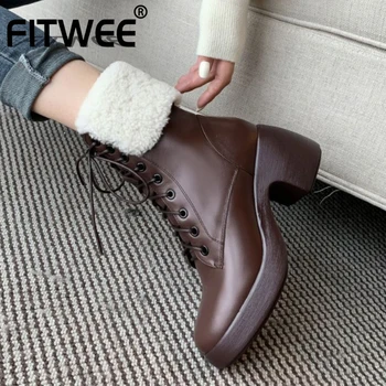 

FITWEE Women Snow Boots Fashion Platform Real Leather Warm Fur High Heel Winter Shoes Woman Plush Hot Short Boot Size 34-40