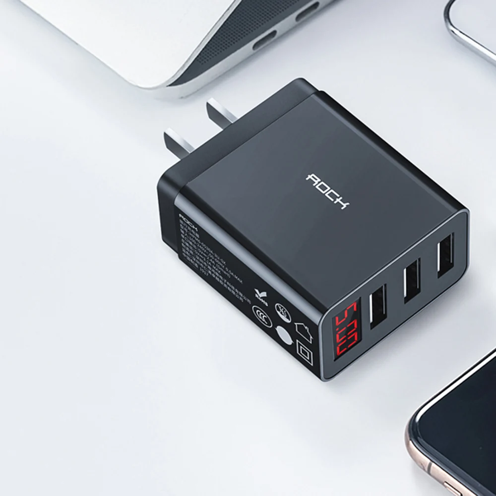 ROCK USB зарядное устройство для iphone зарядное устройство светодиодный дисплей 3 USB 5V 3A Быстрая зарядка настенное зарядное устройство для iphone huawei Xiaomi Max 2.4A зарядное устройство