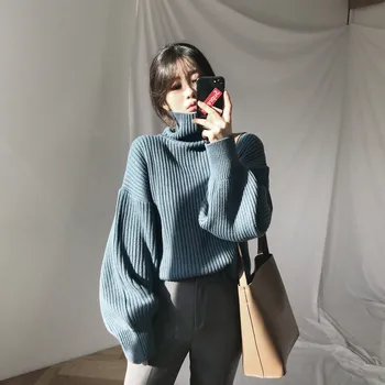 

2019 new thickened high neck sweater women's medium long autumn Korean version wear long sleeve Pullover sweater women