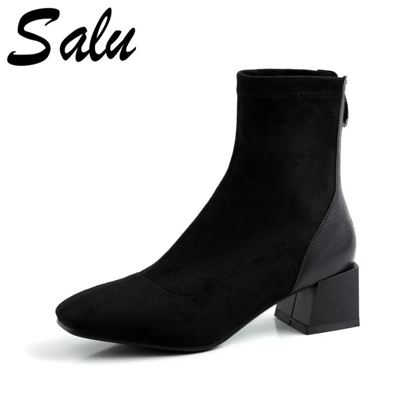 

Salu Fashion Women Ankle Boots Autumn Winter Warm Suede Leather High Heels Shoes Round Toe Office Lady Shoes Woman