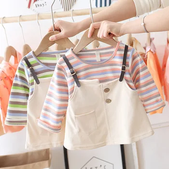 

Girl's dress 2020 spring new children's stitching fake two-piece striped doll skirt 1-3 years old children's skirt