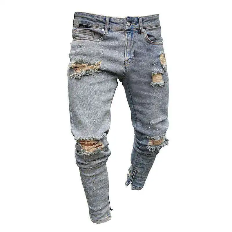 Promo 2019 Men Stylish Ripped Jeans Pants Biker Slim Straight Hip Hop Frayed Denim Trousers New Fashion Skinny  broken hole Jeans 3XL