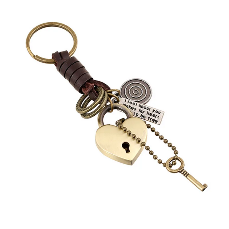 

Men Retro Cattle-leather Key Ring Alloy Heart-shape Lock Key Pendants Punk Genuine Leather Key Chain