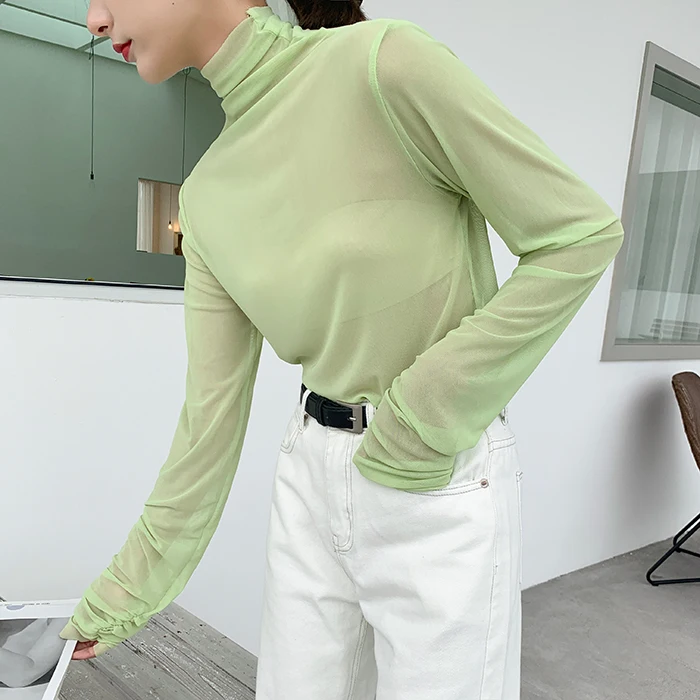 GRUIICEEN бренд Новейшая модная Однотонная футболка с длинным рукавом Женская сетчатая тонкая летняя водолазка женские топы футболки сексуальные GY2019106