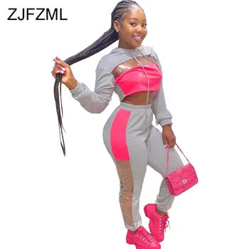 

Contrast Color Fitness Two Piece Tracksuits Women Set Hooded Long Sleeve Crop Tops + Transparent Splice Pencil Pants 2pcs Outfit