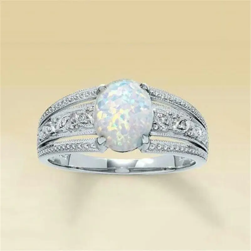 

Women's 925 Silver Natural White Egg Shaped Opel Ring Luxury Engraved Diamond Engagement Band