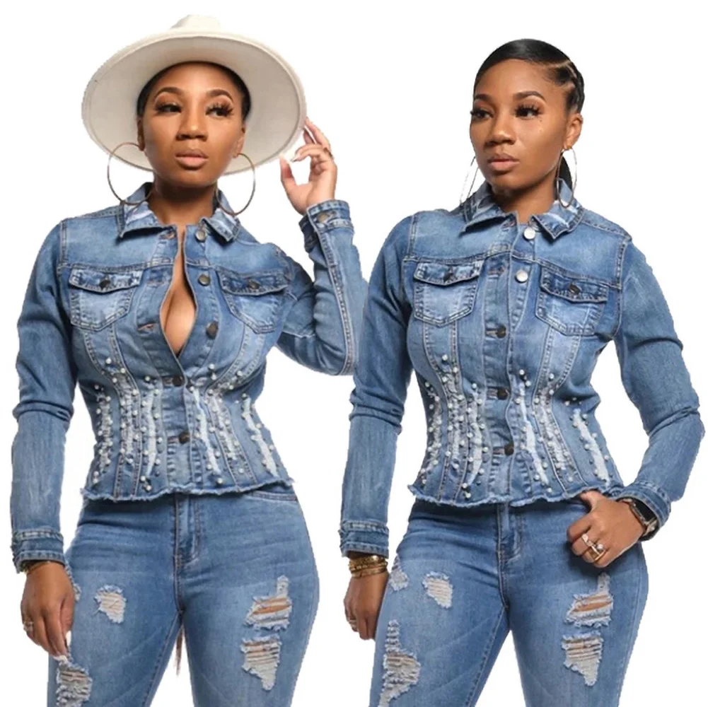Beading Jeans Jacket Sexy Women Long 