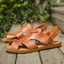 Кожаные сандалии для мужчин; sandalhas masculino adulto; повседневная обувь с закрытым носком на резиновой нескользящей подошве; летняя дышащая обувь; коллекция года; пляжная обувь