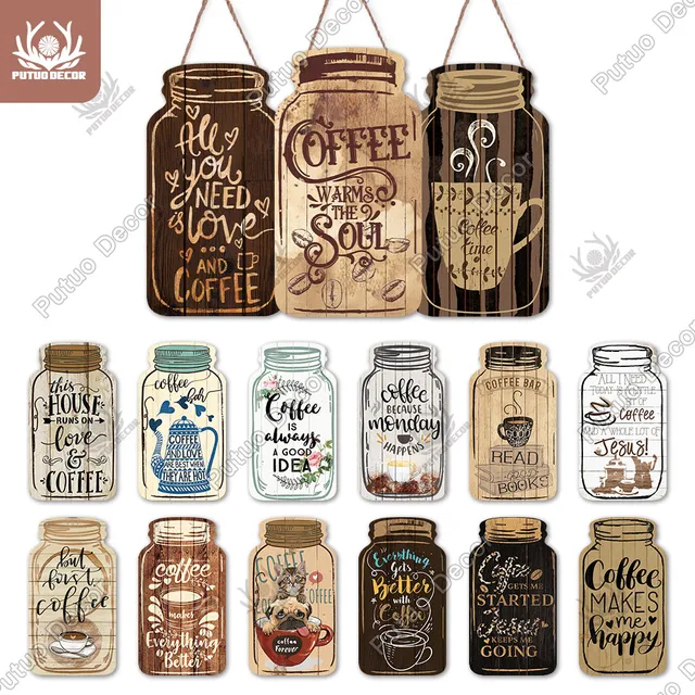 Putuo Decor Coffee Plaques Mason Jar Shape Wooden Signs Irregular Plate for Cafe Decoration Kitchen Wall Decor Decorative Plaque 1