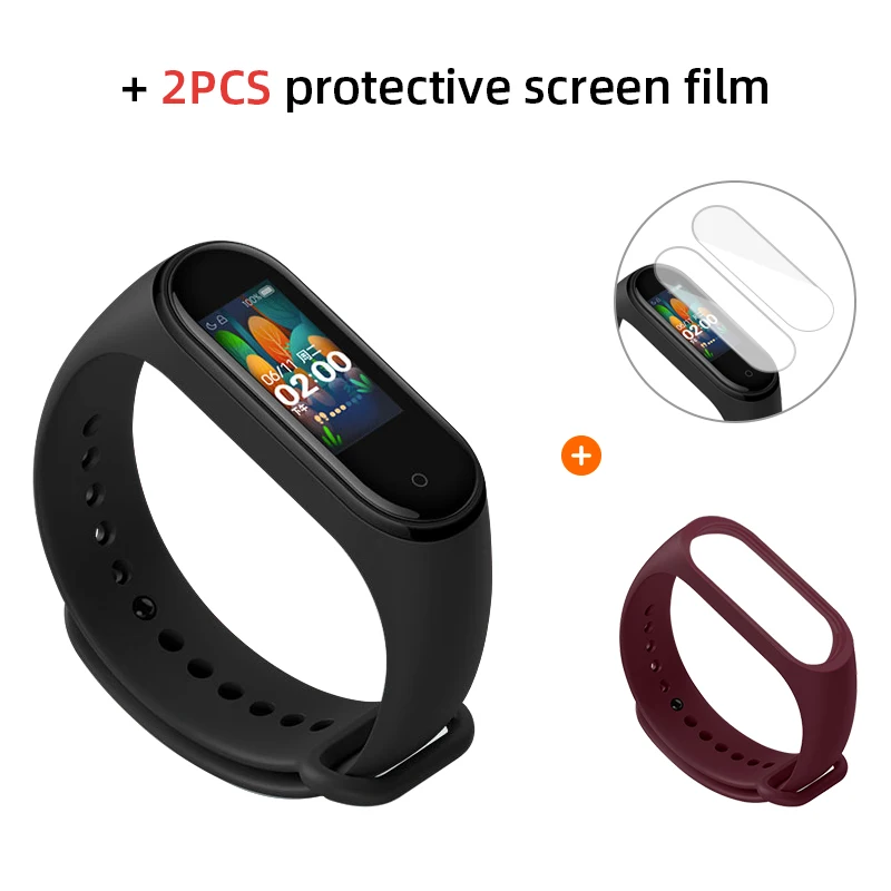 Add Purple n 2PCS Глобальная версия, Xiaomi Mi, 4 Смарт-часы, пульсометр, фитнес-трекер, браслет, цветной дисплей, смарт-браслет, 135 мАч - Цвет: Add Purple n 2PCS