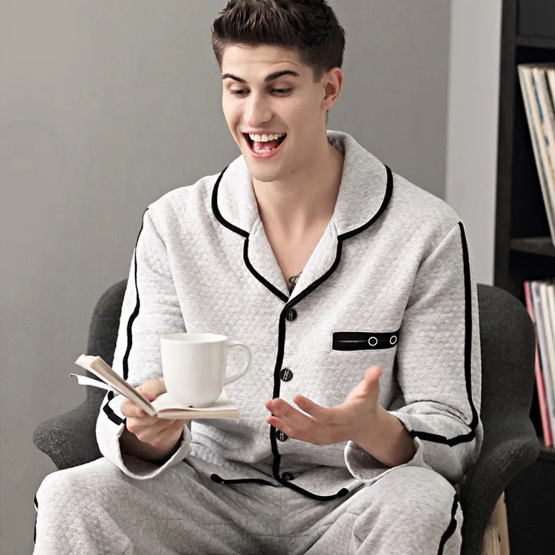 Aolamegs Men Pajamas Set Side Stripe Sleepwear Cotton Soft Thick Fashion Plus Size Simple Style Advanced Warm Pajamas Winter