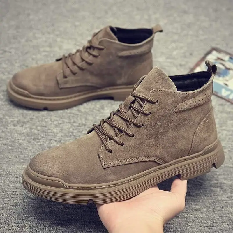 

2021 spring and autumn new trend all-match high-top men's casual shoes frosted leather lace-up warm round-toe men's shoes