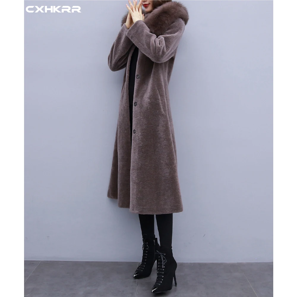 Коричневый CXHKRR/женское пальто из овчины; Новинка года; приталенное длинное пальто с капюшоном из лисьего меха - Цвет: Коричневый