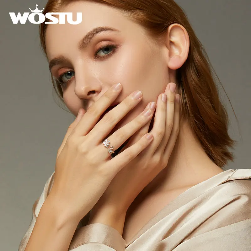 WOSTU, настоящее 925 пробы, серебряное кольцо с цветком сакуры для женщин, розовый циркон, открытый размер, кольца для свадьбы, помолвки, ewelry CTR086