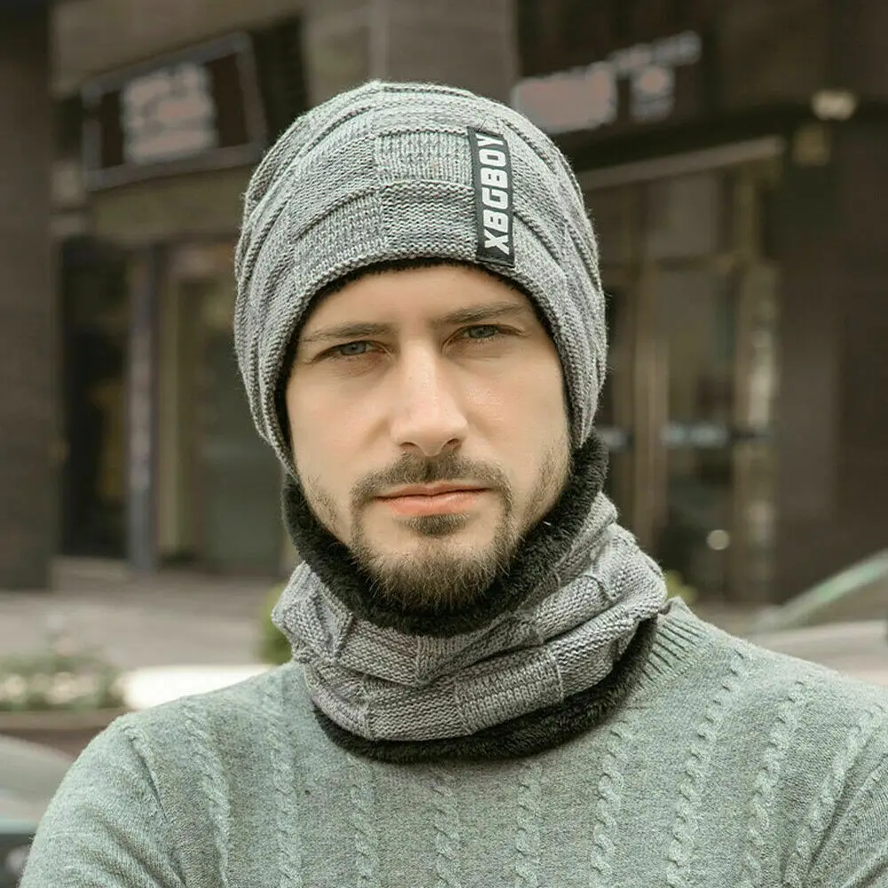 Gray 2 шт., мужские зимние теплые шапки, шарф, модные вязаные козырьки, бини с флисовой подкладкой, мужская шапка, вязаная шапка Skullies Beanies с полями, шапка - Цвет: Gray