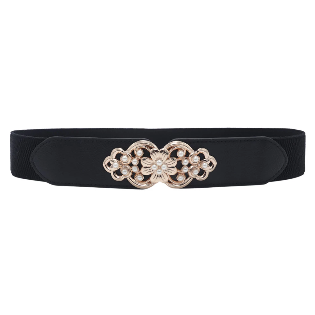 Women Retro Gold Floral Buckle Stretch Belt Lady Fashion Brief Vintage Wide Thin Skinny Elastic Waist Band 907