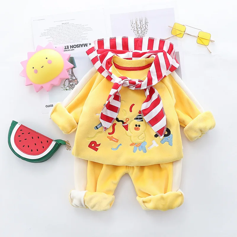 0-4 years winter boy girl clothing set casual thicker warm cartoon cute kid suit children baby clothing hoodies+pant 2pcs - Цвет: Цвет: желтый
