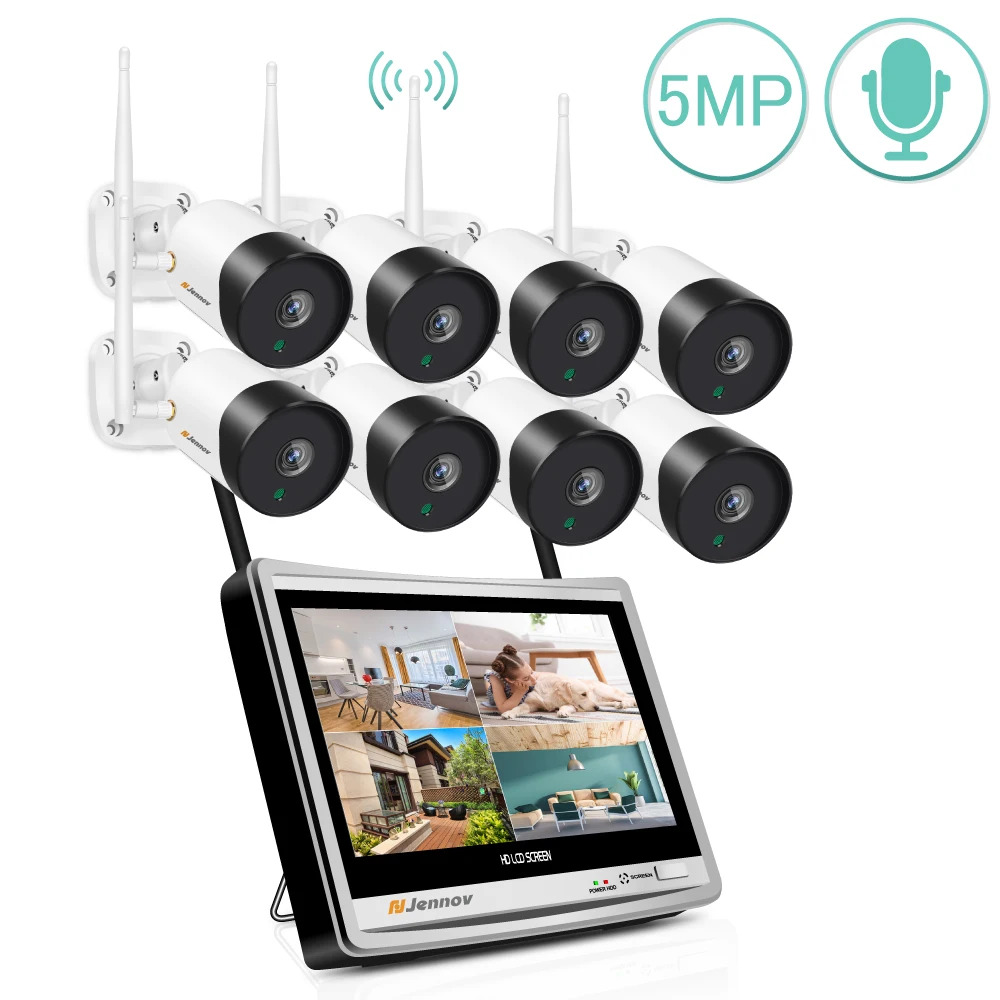 Jennov Wireless Surveillance System Kit  5MP HD WIFI Home Security 12 Inch LCD Monitor Outdoor Video  Camera  Set