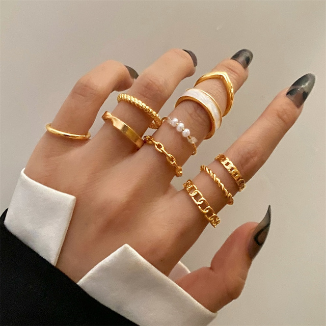 Vintage Metal Snake Butterfly Joint Ring Set For Women Fashion Geometric Pendant Chain Finger Ring Punk Jewelry Wholesale