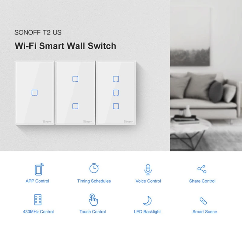 SONOFF T2 серия US TX Smart Wifi сенсорный настенный выключатель света с рамкой 433 RF/Voice/APP Управление работает с Alexa умный дом