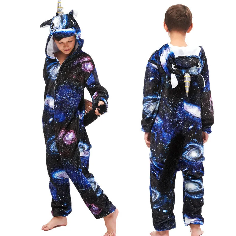 Детские Зимние флисовые пижамы с единорогом; детская пижама для мальчиков и девочек; одежда для сна; рождественские пижамы; пижамы кигуруми - Цвет: Черный