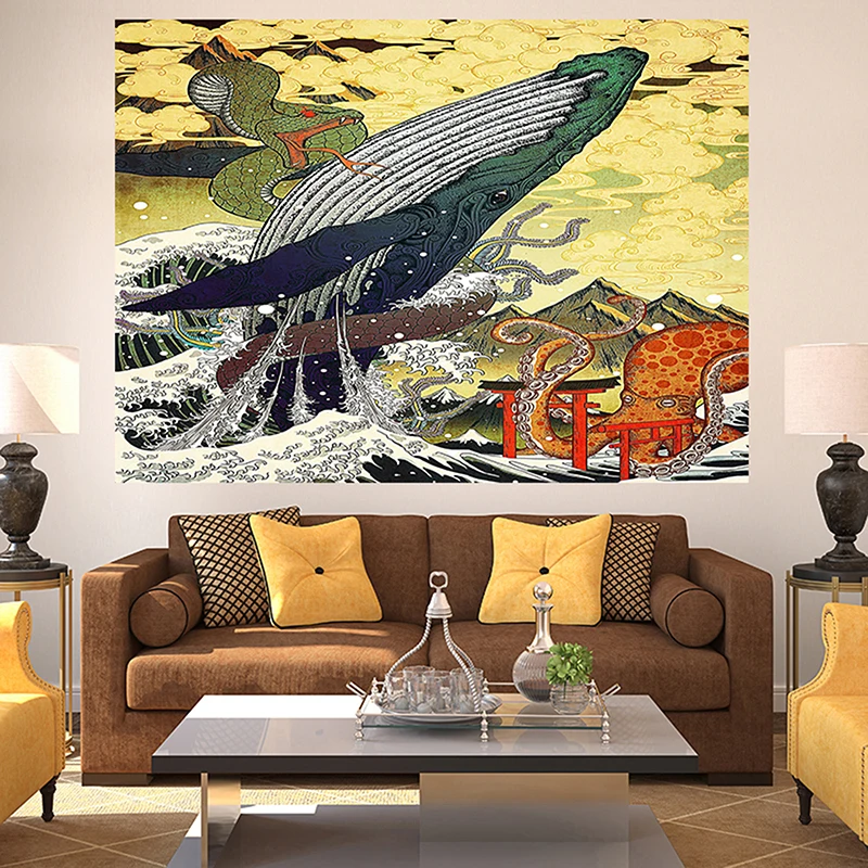 Yellow Ukiyo-e японский КИТ канагава змея Кракен волны Картина гобелен Животное Змея настенные гобелены Бохо покрывало одеяло - Цвет: Yellow