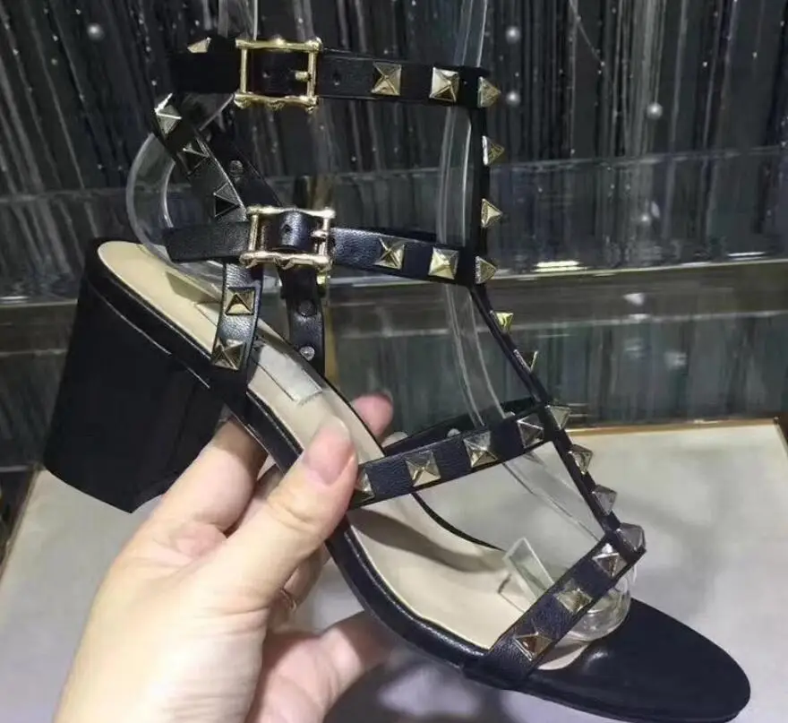 Lucury Woman Shoes High Heels Sexy Rivets Sandals 6cm Square Heel Open Toe Shoes Women Fashion Low Heels Sandals V BRAND LOGO