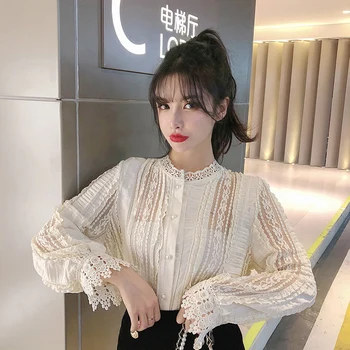 

COIGARSAM Cute Lace Shirt Womens tops New Spring Vintage Thin Stand Neck Women shirts Apricot 3747