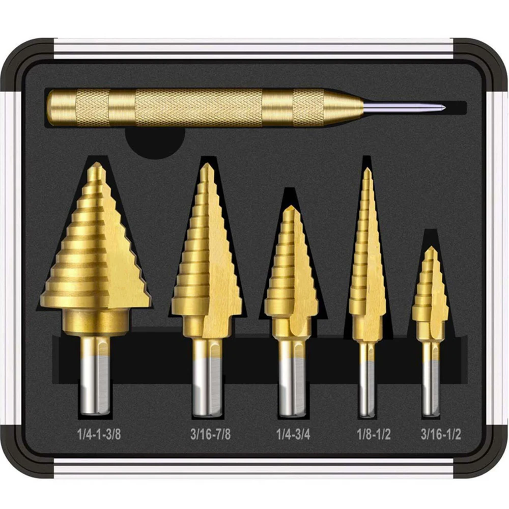 

6pcs HSS Titanium Coated Step Drill Bit With Center Punch Drill Set Hole Cutter Drilling Tool