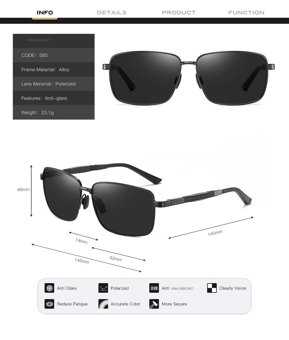 Metal+Aluminum Magnesium Polarized Sunglasses Men UV400 Cool Square Driving Sun Glasses Driving Eyewear Gafas De Sol Shades