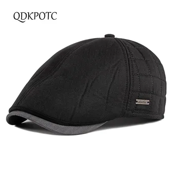 

QDKPOTC Autumn Winter Men Cotton Berets Middle And Old Aged Thicken Plus Velvet Keep Warm Duck Tongue Hat Male England Retro Cap