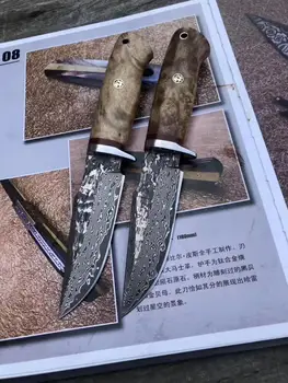 

High Quality Handmade Damascus Steel Knife Outdoor Survival Tools Steel Pattern Knives Shiro Wood Leather Sheath 60Hrc